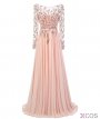 Elegant A-Line Boat Neck Long Sleeves Beading Pink Chiffon Evening Party Dress