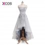 XCOS 2018 New Arrival vestido de festa Grey Lace Prom Dress High Low Applique Beads Pageant Special Dress For Women Evening Gown