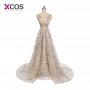 XCOS Champagne Formal Dress Sequin Evening Dress Long V Neck Back 2018 Party Dresses Court Train Prom Gowns