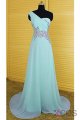 One Shoulder Light Sky Blue Long Beaded Chiffon Prom Dresses OK10